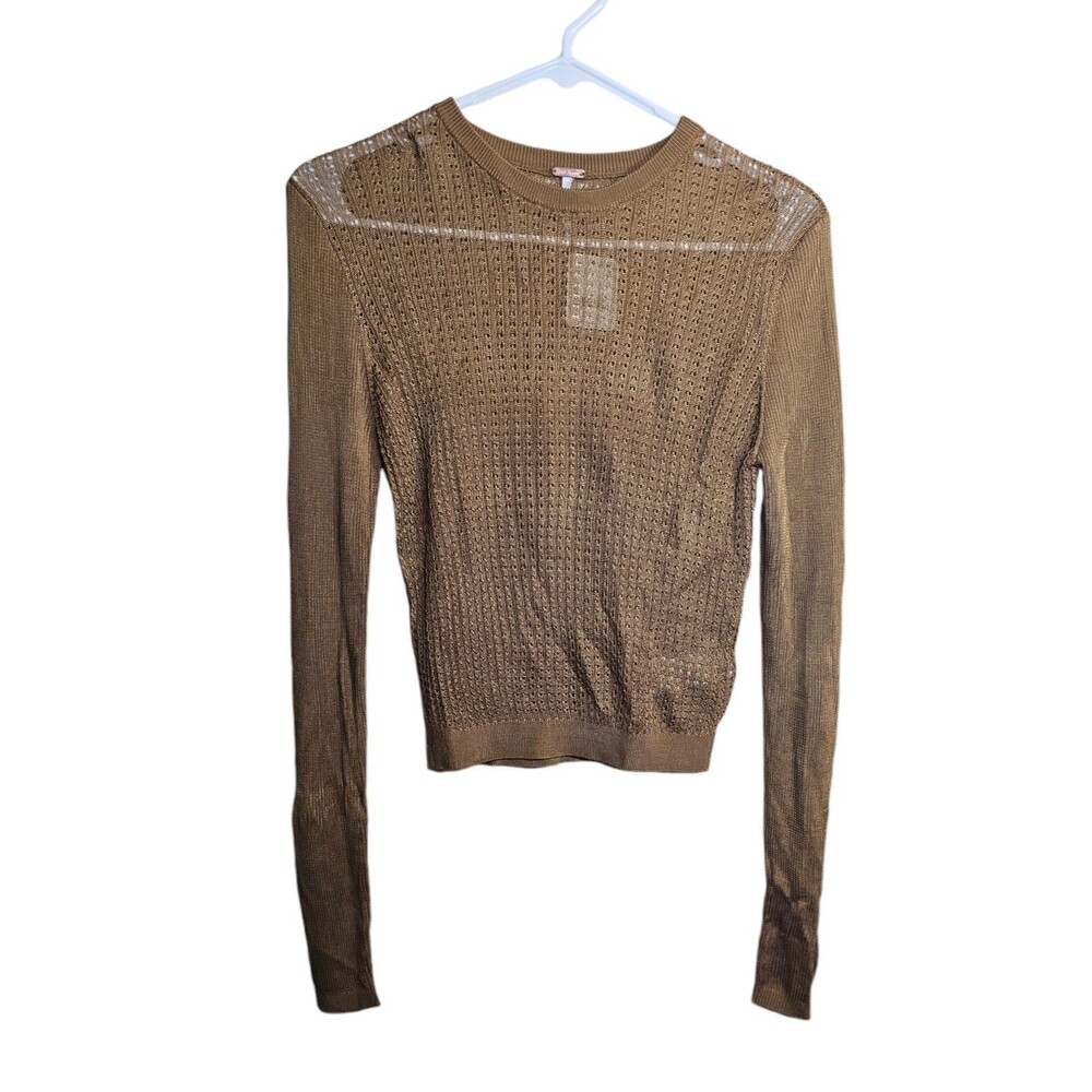 Free People H20 Crew Pullover Sweater Tiger Eye Bronze Open Knit Sheer Sz S NWT